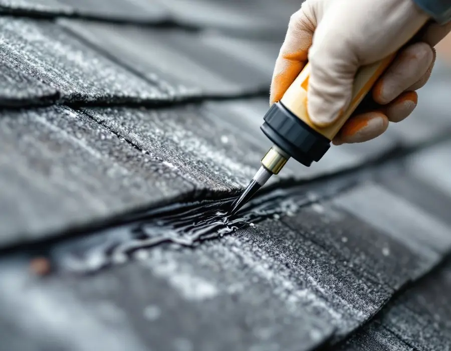 Sealant being applied along a shingle edge to fix a small problem early