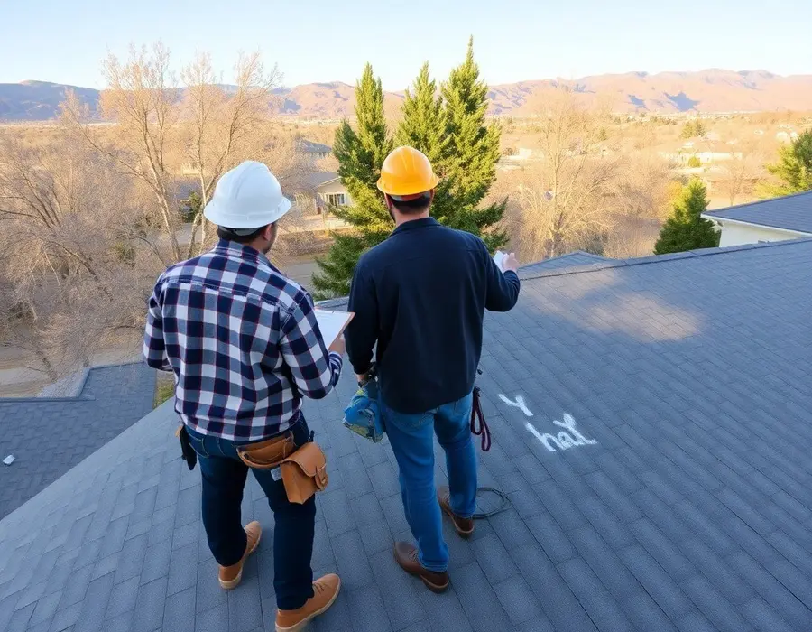 Roofer and adjuster on a roof reviewing chalk-marked hail damage