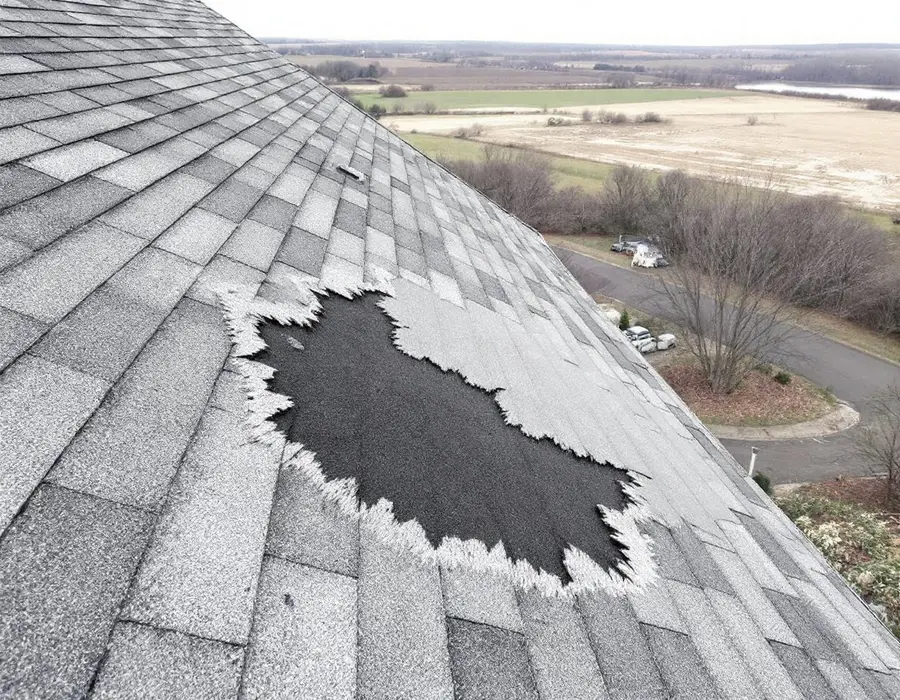 Shingles torn away by wind on a west-facing slope, flat open country beyond